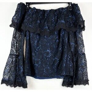 WHBM Whimsigoth Lace Witchy Bell Sleeves Blue Black Cold Shoulder Top Size XS, 2